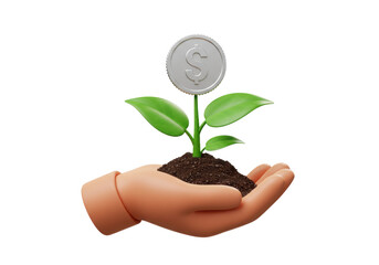 Isolated hand holding a plant with a dollar coin symbol growing as growth of money idea