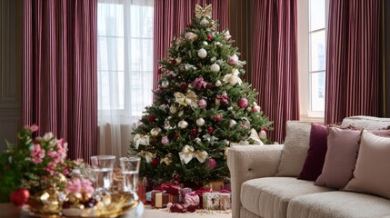 Festive christmas tree in cozy living room with gifts and decorations