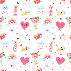 Love symbols seamless pattern. Repeated romantic elements, valentine day and wedding objects, flowers and hearts. Textile, wrapping paper, wallpaper. Print for fabric garish vector background