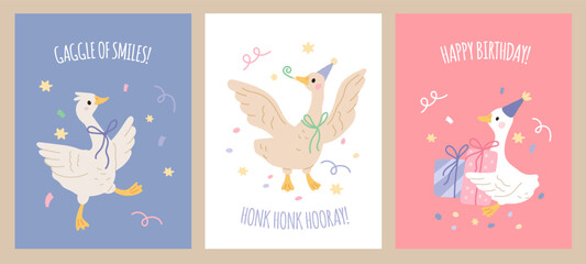 Funny geese cards. Cute farm birds characters, cartoon domestic goose, birthday party mascots, fun, streamers, confetti, childish posters, nursery decoration, garish vector isolated set © YummyBuum