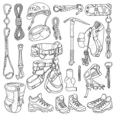 Detailed outline of rock climbing gear, adventure equipment for outdoor sports enthusiasts, perfect for active lifestyle brands and travel blogs, original vector art