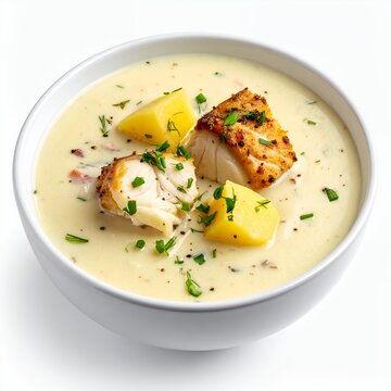Creamy fish chowder with potatoes and herbs in a bowl on white background