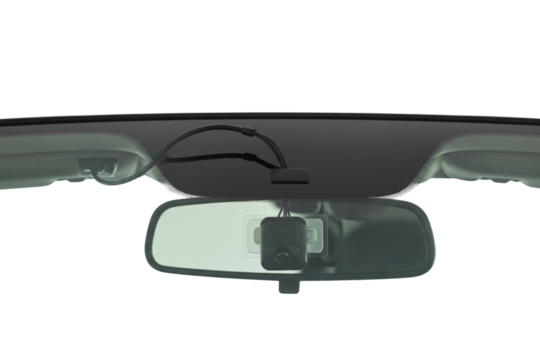 Vehicle dashboard camera mounted on the front car windshield on a transparent background