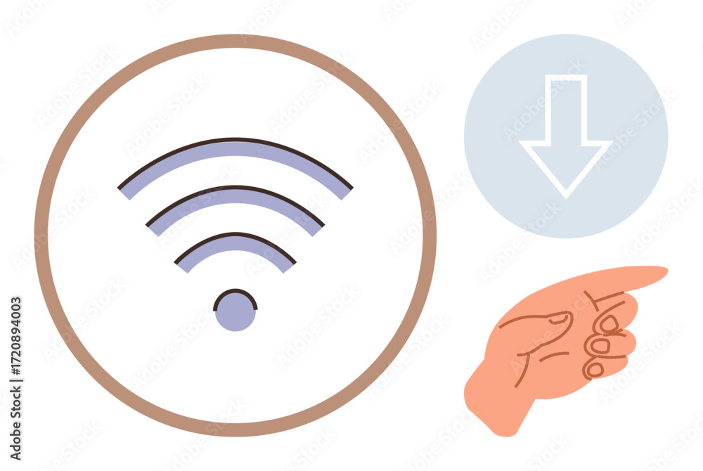 Aufkleber wireless signal icon inside a circle, downward arrow representing download process, and pointing han