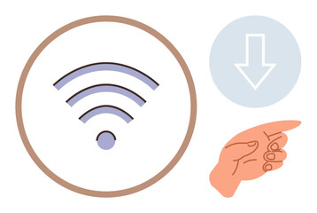 wireless signal icon inside a circle, downward arrow representing download process, and pointing hand gesture. Ideal for technology, connectivity, data, apps, internet access, communication simple