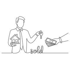 Continuous line drawing of a man receives payment for selling home, housing loan, house and interest rate on hand one line art. Continuous line drawing of bank, financial, payment, data, economic.