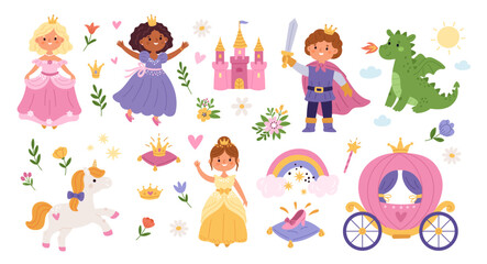 Custom blinds child's with your photo Princess and royal accessories. Pretty girls in puffy dresses, cute prince with sword, magic castle, fairy tale dragon and unicorn, vector cartoon flat style isolated garish vector set
