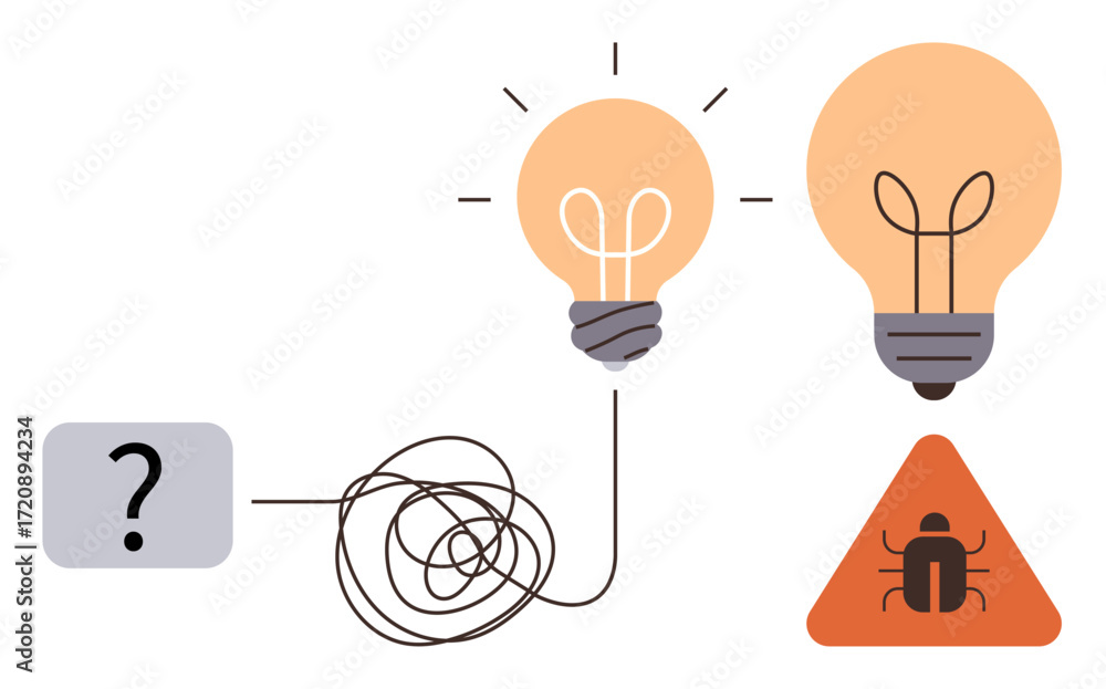 Aufkleber tangled wire leads from question mark to lightbulb ideas with intersectional warning triangle symbol