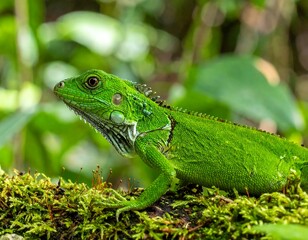 Fototapeta premium Vibrant green lizard on mossy branch