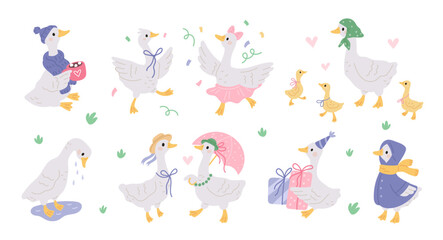 Funny domestic geese. Farm domestic birds, cartoon characters, cute little goslings, couple in love, mother goose in headscarf, childish decorative stickers, garish vector isolated set