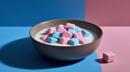 Colorful Bowl of Soft Marshmallows on Vibrant Blue and Pink Background Evoking Joy and Sweetness in a Whimsical Dessert Setting Full of Delight