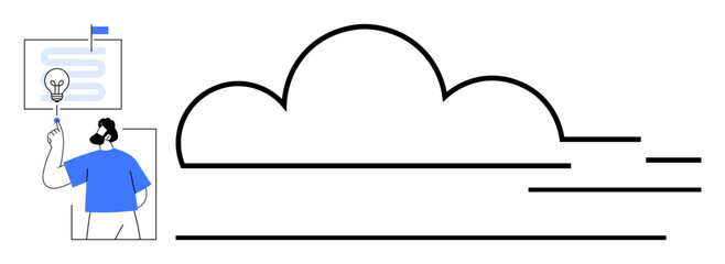 Person with a light bulb, cloud illustration, and organized lines symbolizing technology, ideas, and innovation. Ideal for creativity, cloud computing, innovation, brainstorming problem-solving