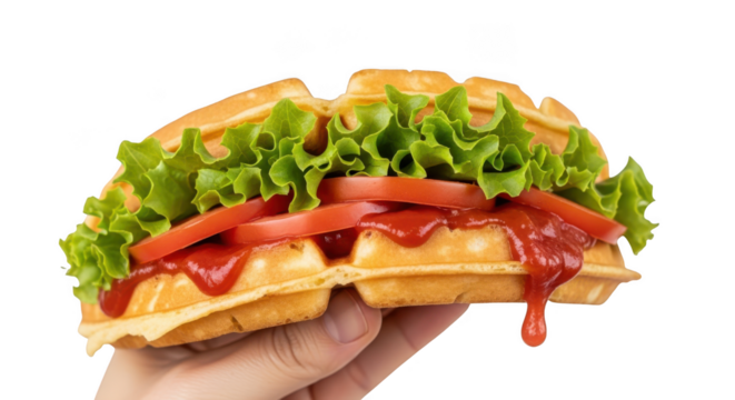 Hand holding a waffle sandwich with lettuce and tomato isolated on transparent background