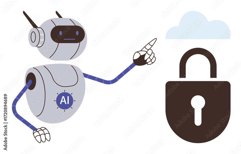 Poster ai-powered robot points to a padlock with a cloud, representing cloud storage, security, privacy, da