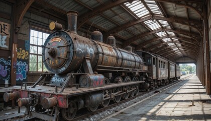 Naklejka premium An aged steam locomotive, rust-covered and shadowed, sits within a weathered train shed, showcasing its historical past.