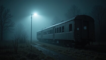 Obraz premium A solitary train car sits on a foggy country road at night, illuminated by a single street lamp.