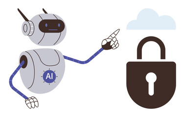 AI-powered robot points to a padlock with a cloud, representing cloud storage, security, privacy, data protection, password management, and technology innovation. Ideal for illustrating tech concepts