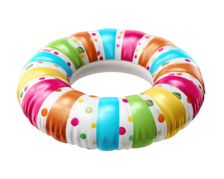 Colorful inflatable swim ring with polka dot pattern, vibrant summer pool float, playful and cheerful design for kids and adults, perfect for beach or pool fun