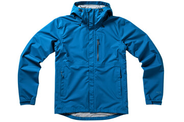 Blue waterproof hooded rain jacket for hiking and outdoors on a transparent background