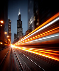 City skyline with a tall building in the background. The city is lit up at night, creating a warm and inviting atmosphere