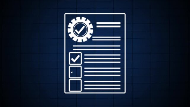 Businessman checking steps through document with a list icon. animation on dark grid background
