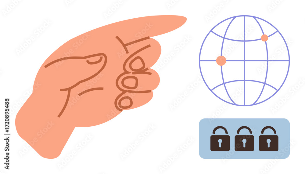 Poster hand pointing toward a globe with connection points and three padlocks. ideal for digital security, 