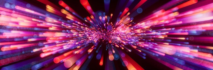 Naklejka premium Abstract cosmic background with colorful fireworks, glowing laser lines, and falling stars. Futuristic Big Bang explosion concept in outer space.