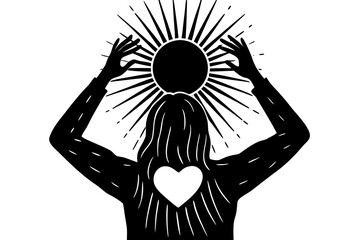 Vector art of silhouette of a person with arms raised, holding a sun with radiating lines, with a heart symbol on their chest, representing spirituality and inner light