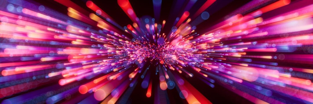 Abstract cosmic background with colorful fireworks, glowing laser lines, and falling stars. Futuristic Big Bang explosion concept in outer space.