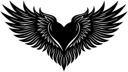 Vector art of black silhouette of a heart with large, detailed wings spread wide on a, representing freedom, aspiration, and angelic love