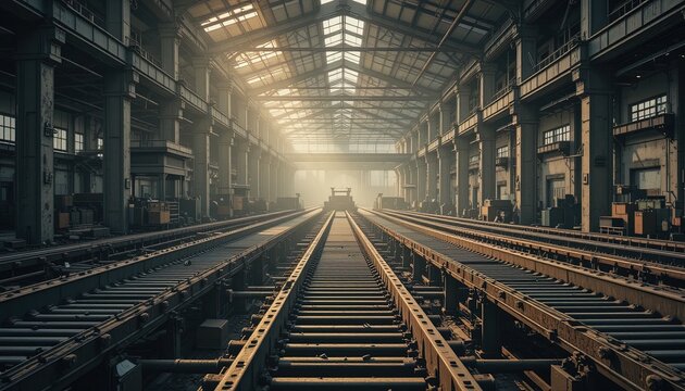 A vast industrial hall, illuminated by a soft, diffused light, showcases long metal tracks stretching into the distance.