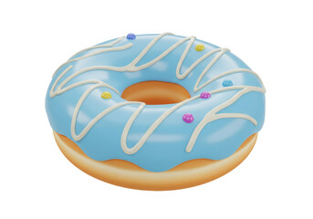Isolated donut with blue frosting and cream drizzle, colorful sprinkles on donut, tasty treat