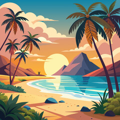 Vibrant tropical beach sunset with palm trees and mountains