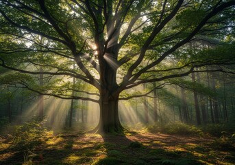 Fototapeta premium Sun rays shining through the dense branches of a big oak tree, soft mist around, magical and peaceful morning scene