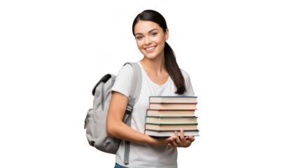Smiling young woman with backpack and stack of books isolated on transparent background