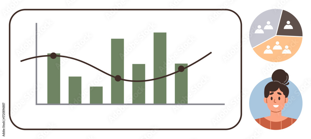 Poster bar graph and line chart illustrating trends, pie chart showing demographics, and smiling team membe