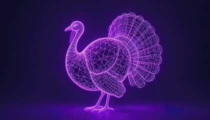 A vibrant, glowing wireframe turkey, highlighted in a deep violet light, showcases intricate details of its form against a dark backdrop.