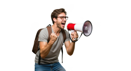 Man with glasses and backpack shouting loudly through a megaphone isolated on transparent background