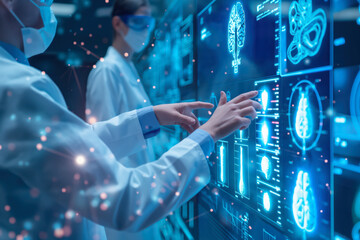 Two medical professionals using a large holographic screen displaying human organ scans and futuristic diagnostic data in a lab