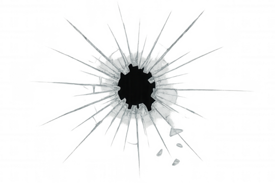 Broken glass impact creating shattered crack radiating from a central hole with transparency