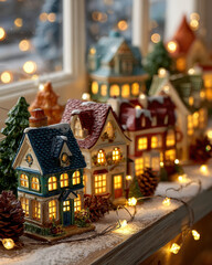 Miniature Christmas village with illuminated houses and festive lights creates cozy holiday atmosphere. Snow dusted pinecones and trees add to winter charm