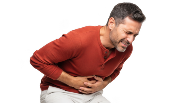 Man grimacing in pain holding his stomach with both hands isolated on transparent background