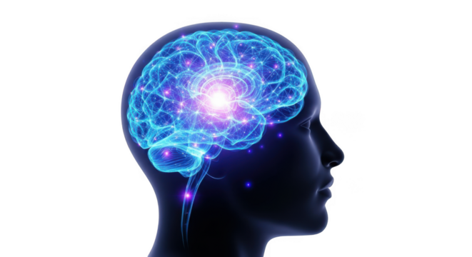 Glowing blue brain activity inside a human head silhouette isolated on transparent background