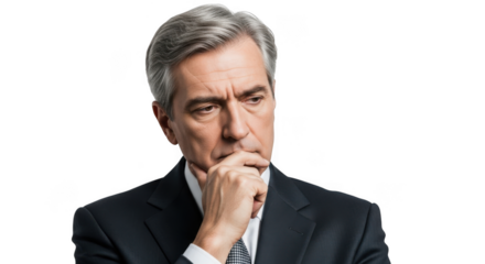 Thoughtful senior businessman in a suit pondering deeply isolated on transparent background
