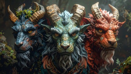 Three mythical creatures in a forest