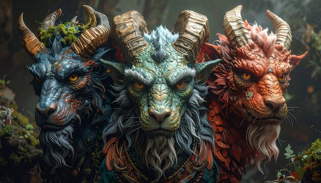 Three mythical creatures in a forest