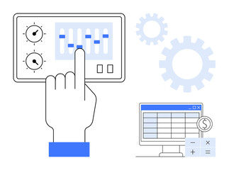 Fototapeta premium Hand adjusting control panel with sliders and knobs, computer screen displaying spreadsheet data, and gears. Ideal for finance, management, analytics, decision-making, control, optimization