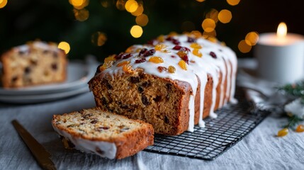 Festive fruitcake with icing and raisins on cooling rack in holiday setting