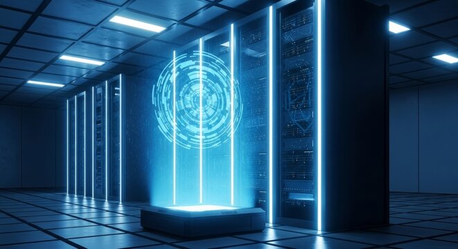 High-tech server room with futuristic digital interface - Powered by Adobe