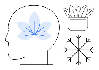 Human profile with floral brain design, potted plant, and snowflake symbolizing wellness, nature, mindfulness, and calmness. Ideal for mental health, sustainability, creativity self-care